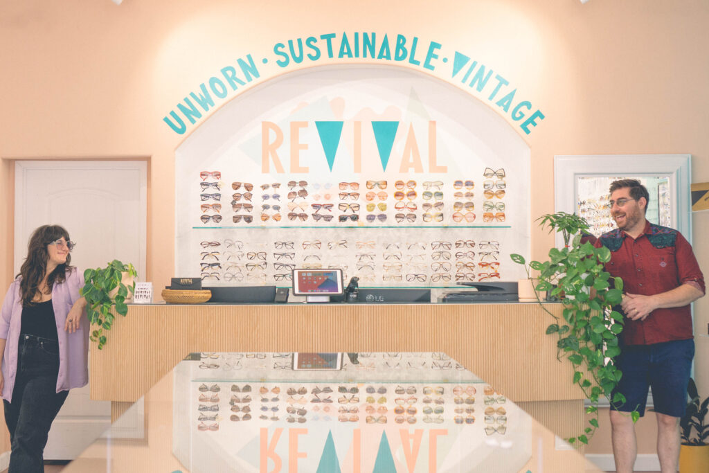 Revival Vintage Eyewear co-owners Jenna Hanson and Jon Hershman in their shop in North Park.