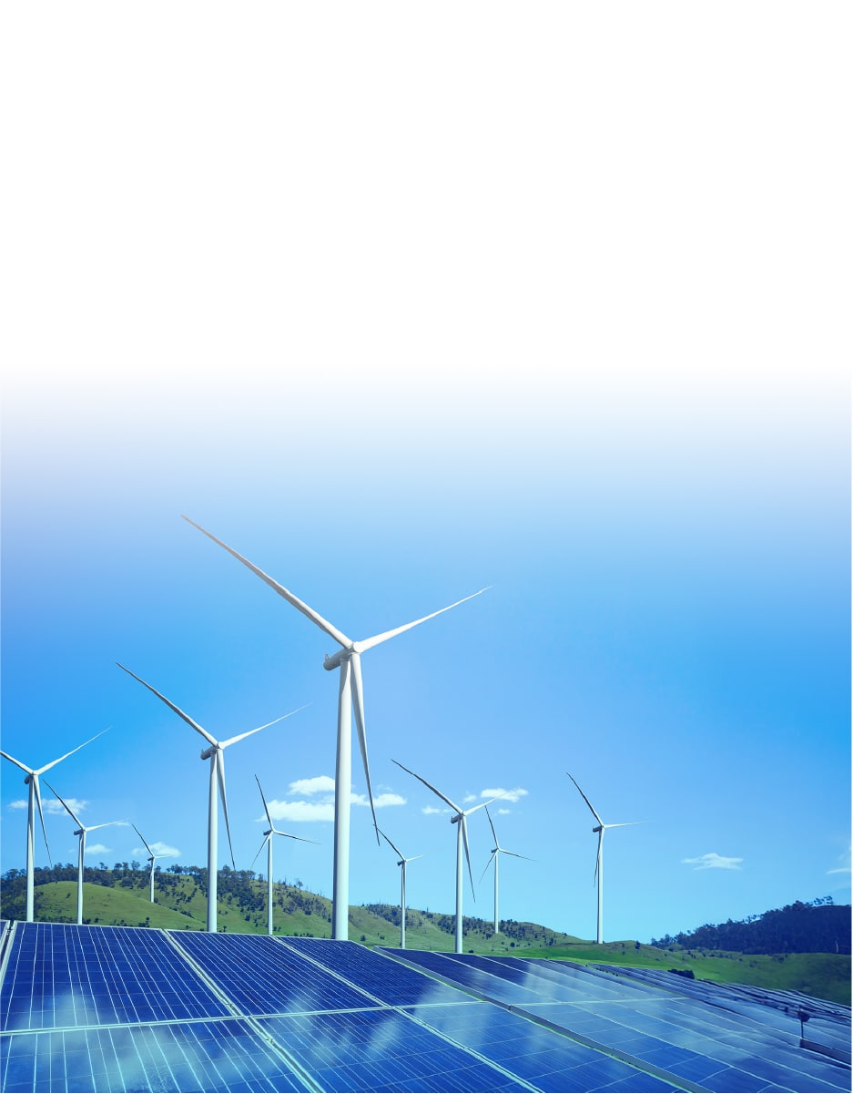 Wind turbines and solar panels working together on a sunny hillside, representing renewable energy production.
